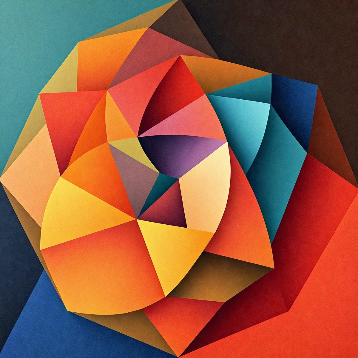 The primary subject of the image is a colorful, abstract artwork featuring a combination of orange, blue, and purple colors. The artwork is displayed on a blue background, which adds to the overall visual style. The colors and mood of the artwork create a vibrant and lively atmosphere.